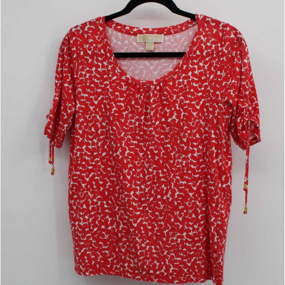 MICHAEL KORS Blouse Red and White Ruhed Tie Sleeves Small Casual Spring Summer